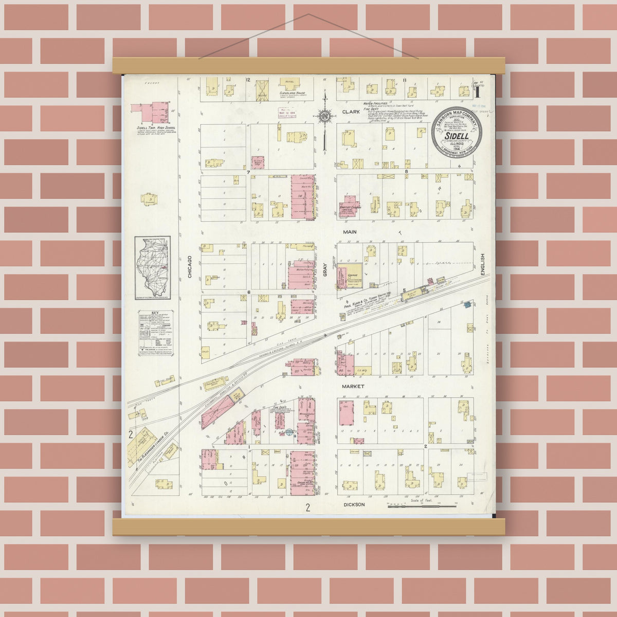 Old map wall art mockup — magnetic wood frame on brick wall — Sanborn Fire Insurance Map from Sidell, Vermilion County, Illinois (1914) - Complete Map Set