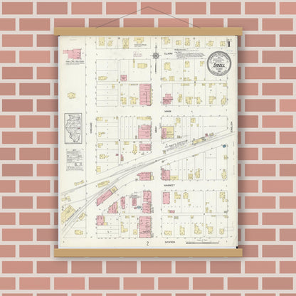 Old map wall art mockup — magnetic wood frame on brick wall — Sanborn Fire Insurance Map from Sidell, Vermilion County, Illinois (1914) - Complete Map Set