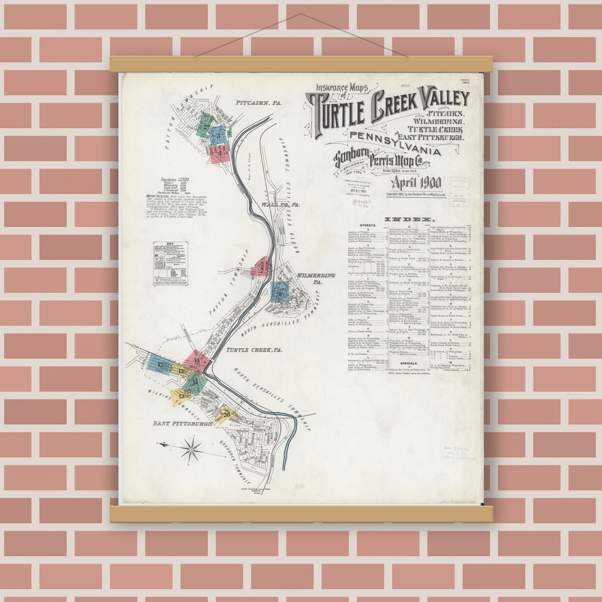 Old map wall art mockup — magnetic wood frame on brick wall — Sanborn Fire Insurance Map from Turtle Creek Valley, Allegheny County, Pennsylvania (1900) - Complete Map Set