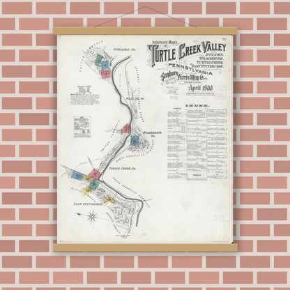 Old map wall art mockup — magnetic wood frame on brick wall — Sanborn Fire Insurance Map from Turtle Creek Valley, Allegheny County, Pennsylvania (1900) - Complete Map Set
