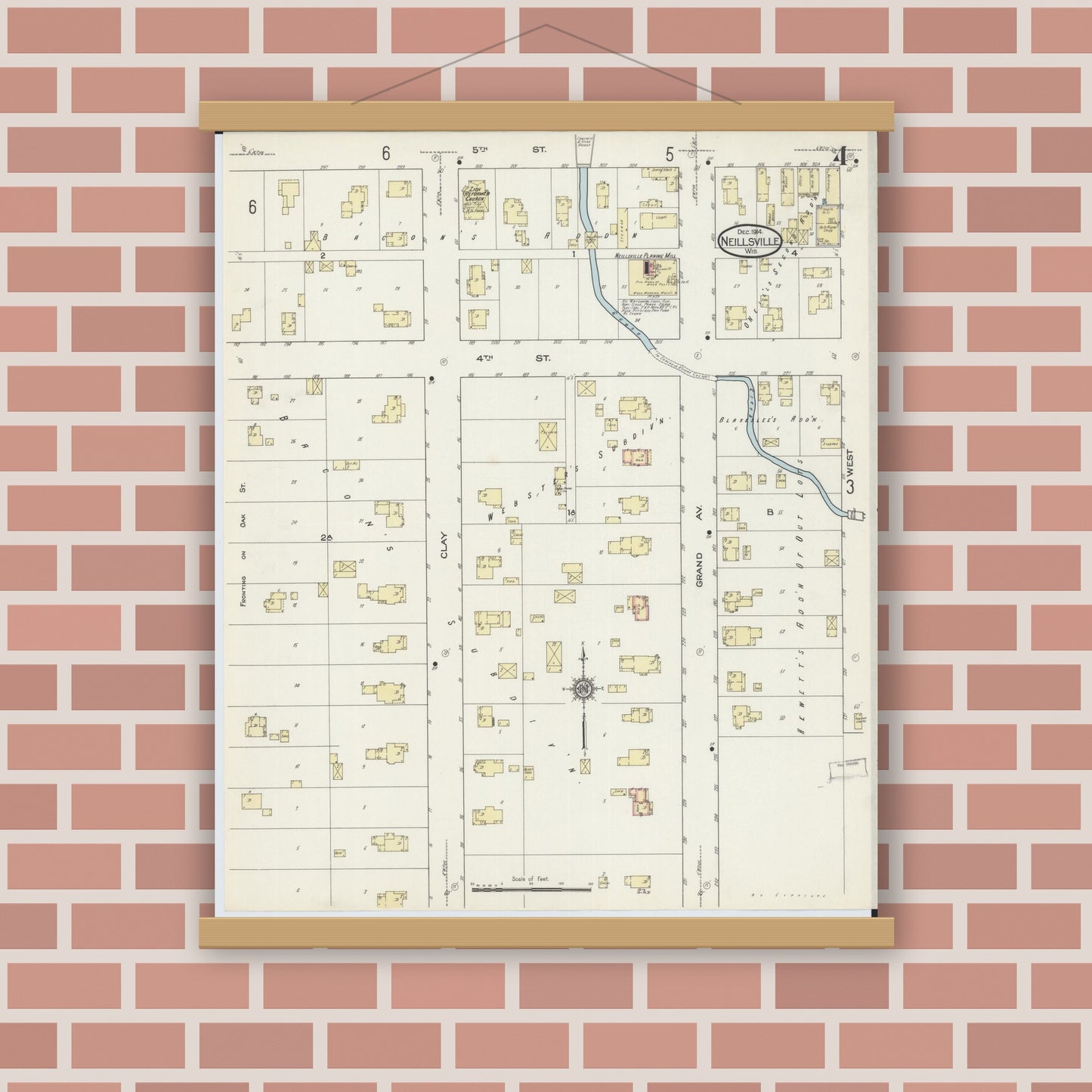 Old map wall art mockup — magnetic wood frame on brick wall — Sanborn Fire Insurance Map from Neillsville, Clark County, Wisconsin (1914), Sheet #0004