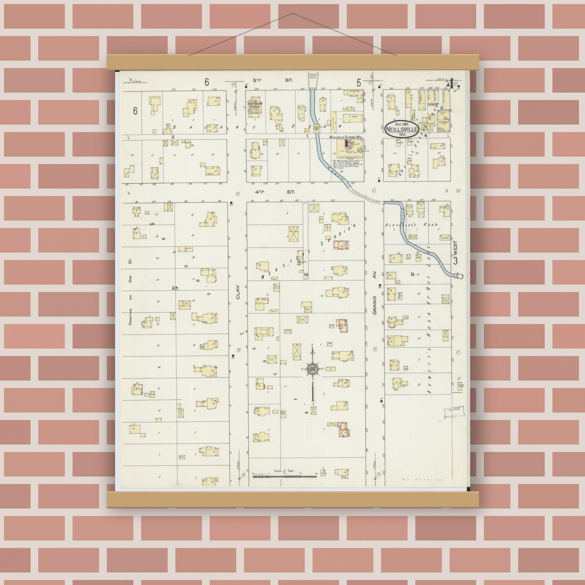 Old map wall art mockup — magnetic wood frame on brick wall — Sanborn Fire Insurance Map from Neillsville, Clark County, Wisconsin (1914), Sheet #0004