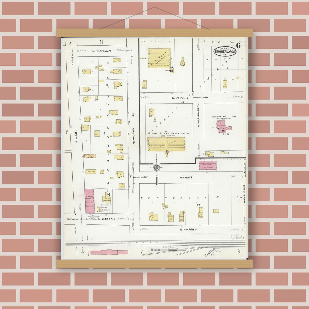 Old map wall art mockup — magnetic wood frame on brick wall — Sanborn Fire Insurance Map from Downers Grove, Dupage County, Illinois (1921), Sheet #0006