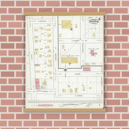 Old map wall art mockup — magnetic wood frame on brick wall — Sanborn Fire Insurance Map from Downers Grove, Dupage County, Illinois (1921), Sheet #0006