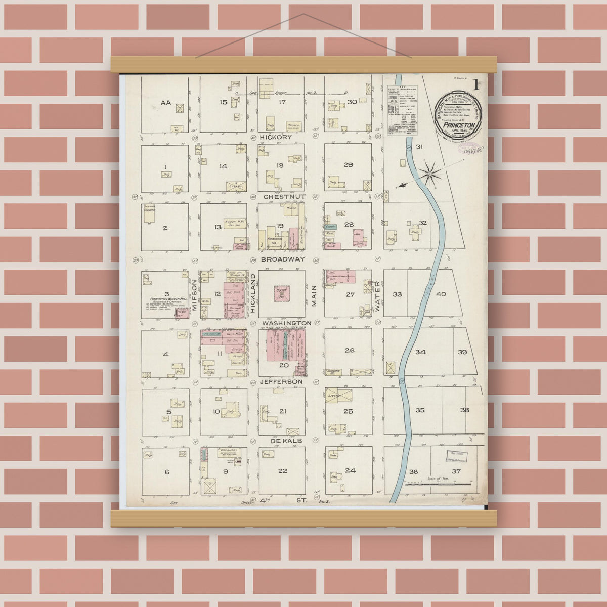 Old map wall art mockup — magnetic wood frame on brick wall — Sanborn Fire Insurance Map from Princeton, Mercer County, Missouri (1886), Sheet #0001