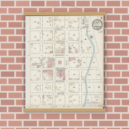 Old map wall art mockup — magnetic wood frame on brick wall — Sanborn Fire Insurance Map from Princeton, Mercer County, Missouri (1886), Sheet #0001