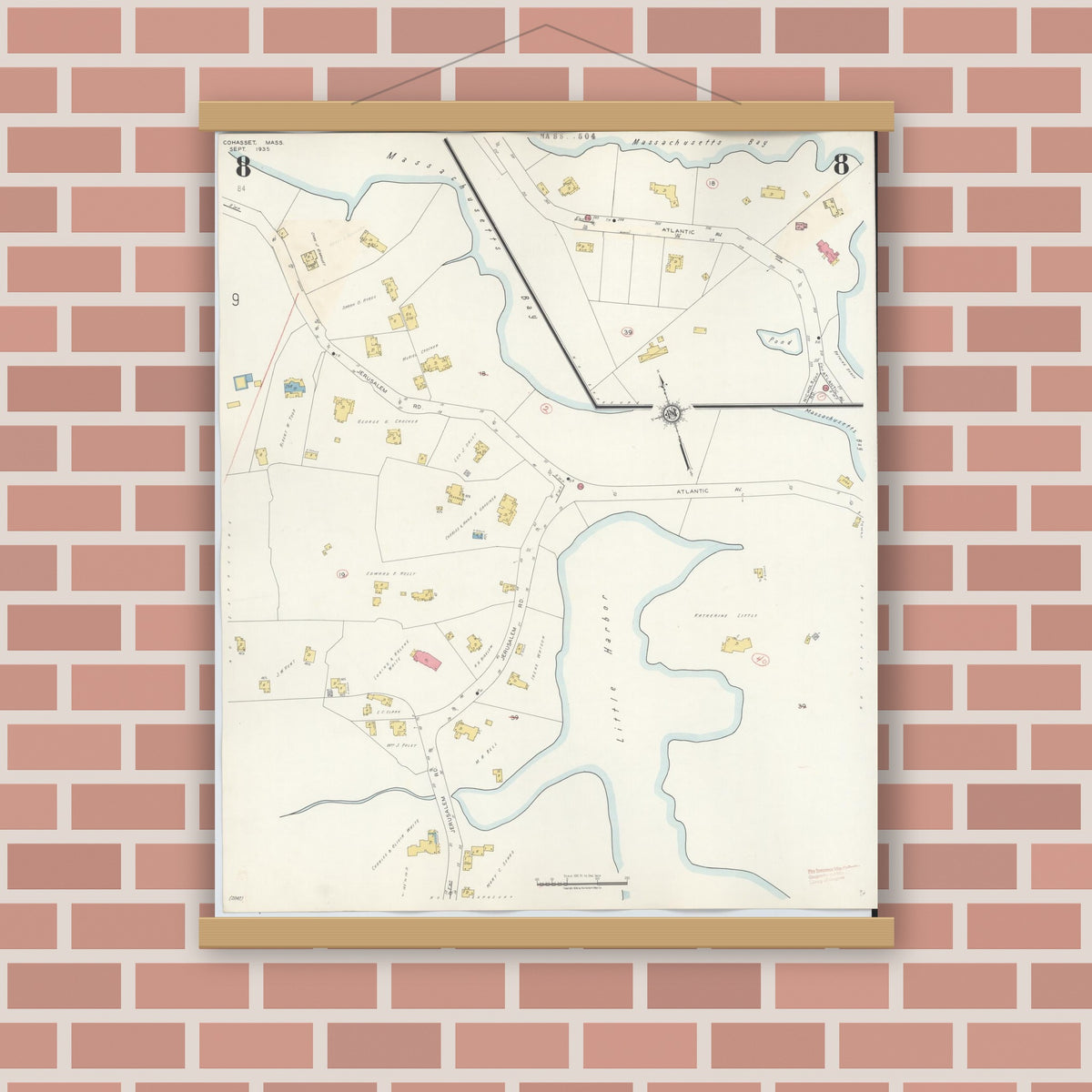 Old map wall art mockup — magnetic wood frame on brick wall — Sanborn Fire Insurance Map from Cohasset, Norfolk County, Massachusetts (1940), Sheet #0008