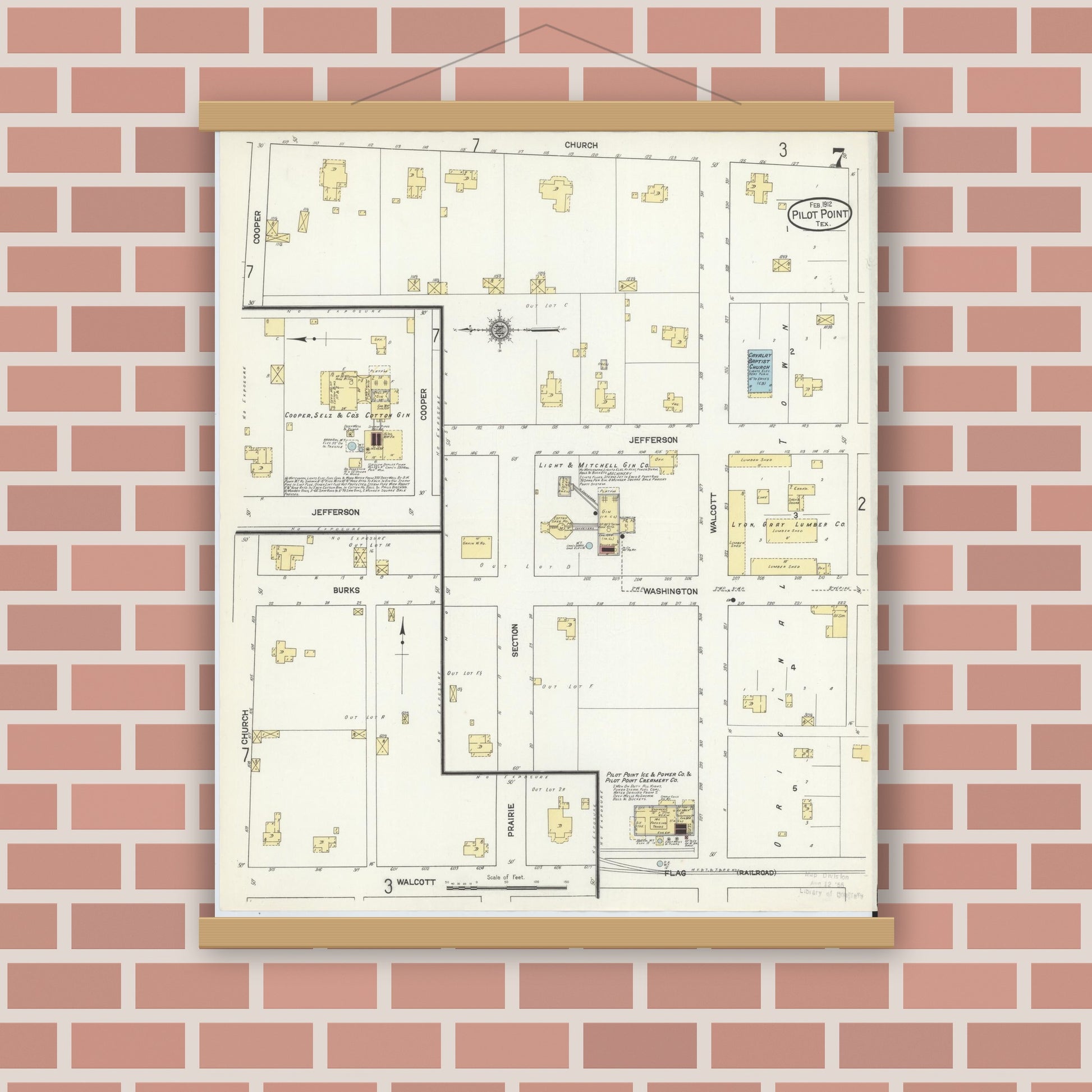 Old map wall art mockup — magnetic wood frame on brick wall — Sanborn Fire Insurance Map from Pilot Point, Denton County, Texas (1912), Sheet #0007