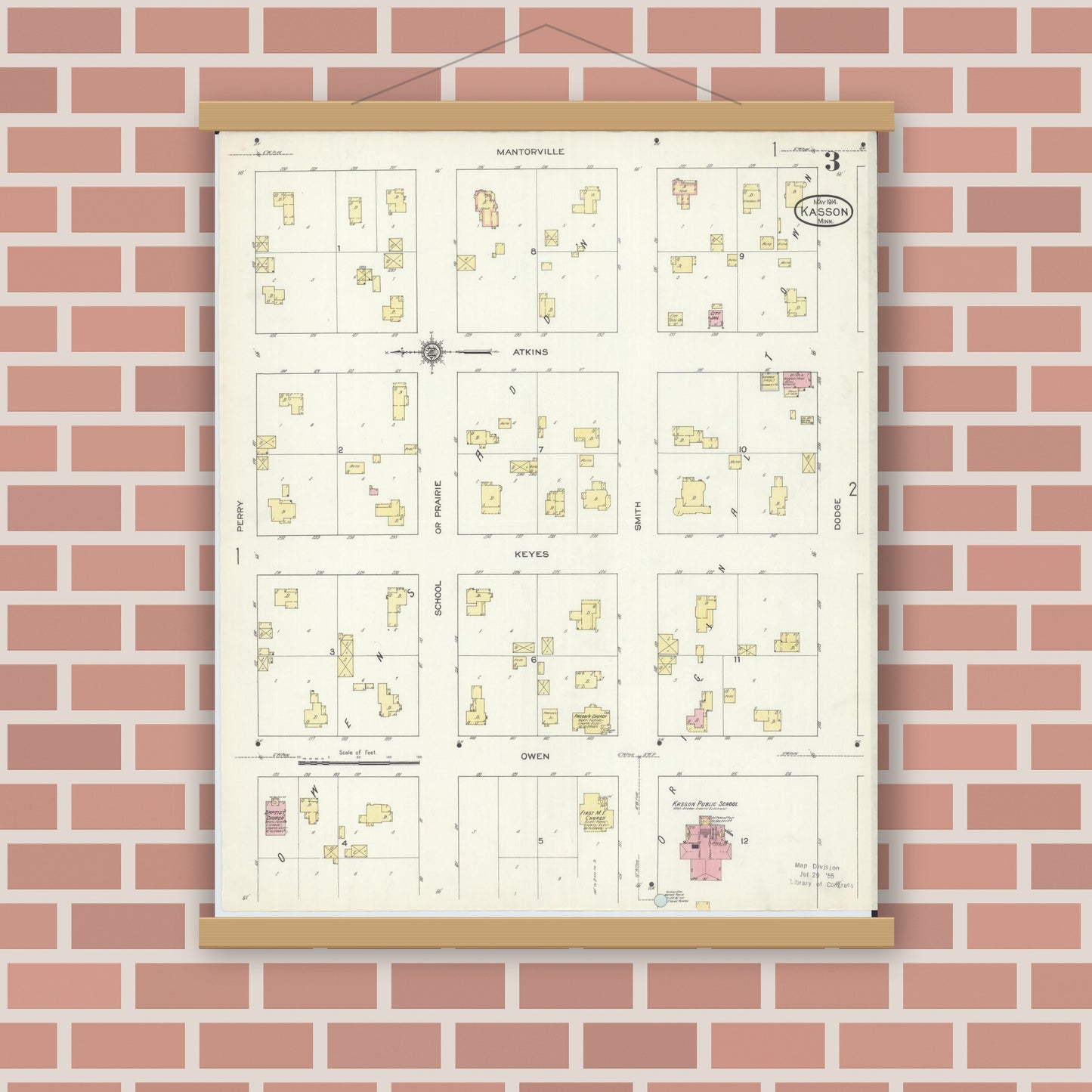 Old map wall art mockup — magnetic wood frame on brick wall — Sanborn Fire Insurance Map from Kasson, Dodge County, Minnesota (1914), Sheet #0003