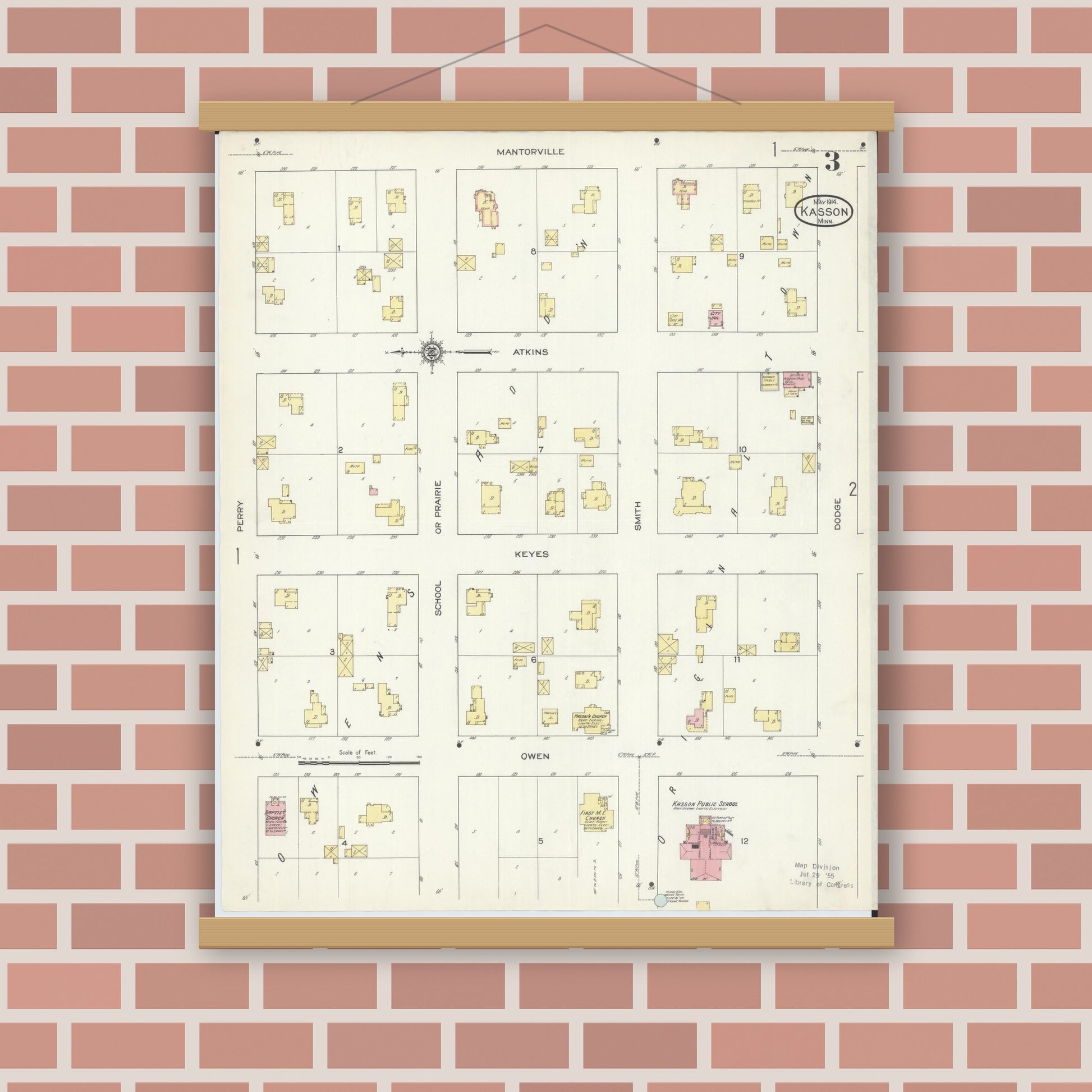 Old map wall art mockup — magnetic wood frame on brick wall — Sanborn Fire Insurance Map from Kasson, Dodge County, Minnesota (1914), Sheet #0003