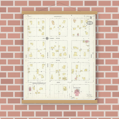 Old map wall art mockup — magnetic wood frame on brick wall — Sanborn Fire Insurance Map from Kasson, Dodge County, Minnesota (1914), Sheet #0003