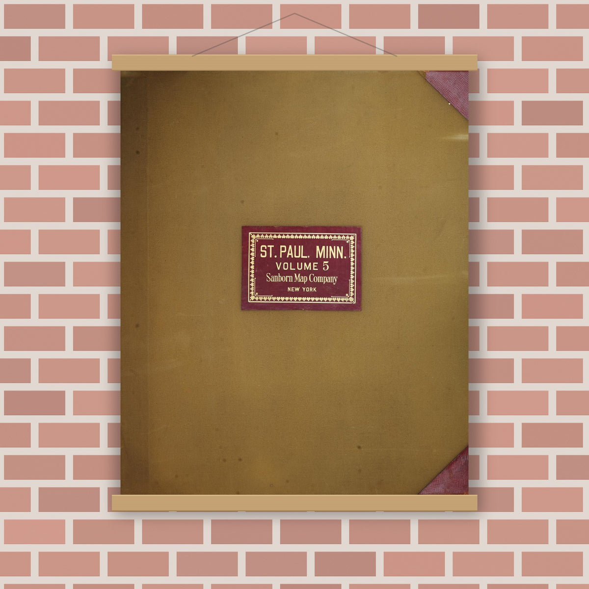 Old map wall art mockup — magnetic wood frame on brick wall — Sanborn Fire Insurance Map from Saint Paul, Ramsey County, Minnesota (1950), Sheet #0001