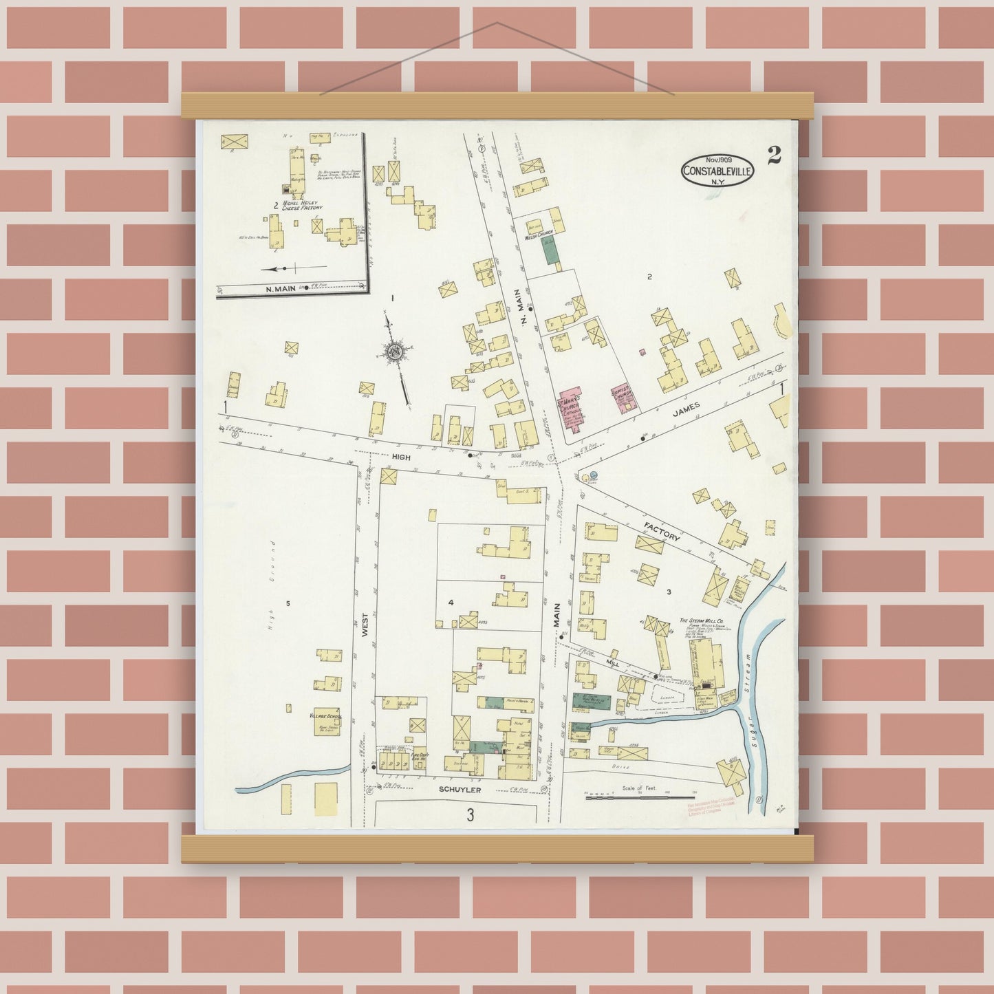 Old map wall art mockup — magnetic wood frame on brick wall — Sanborn Fire Insurance Map from Constableville, Lewis County, New York (1909), Sheet #0002