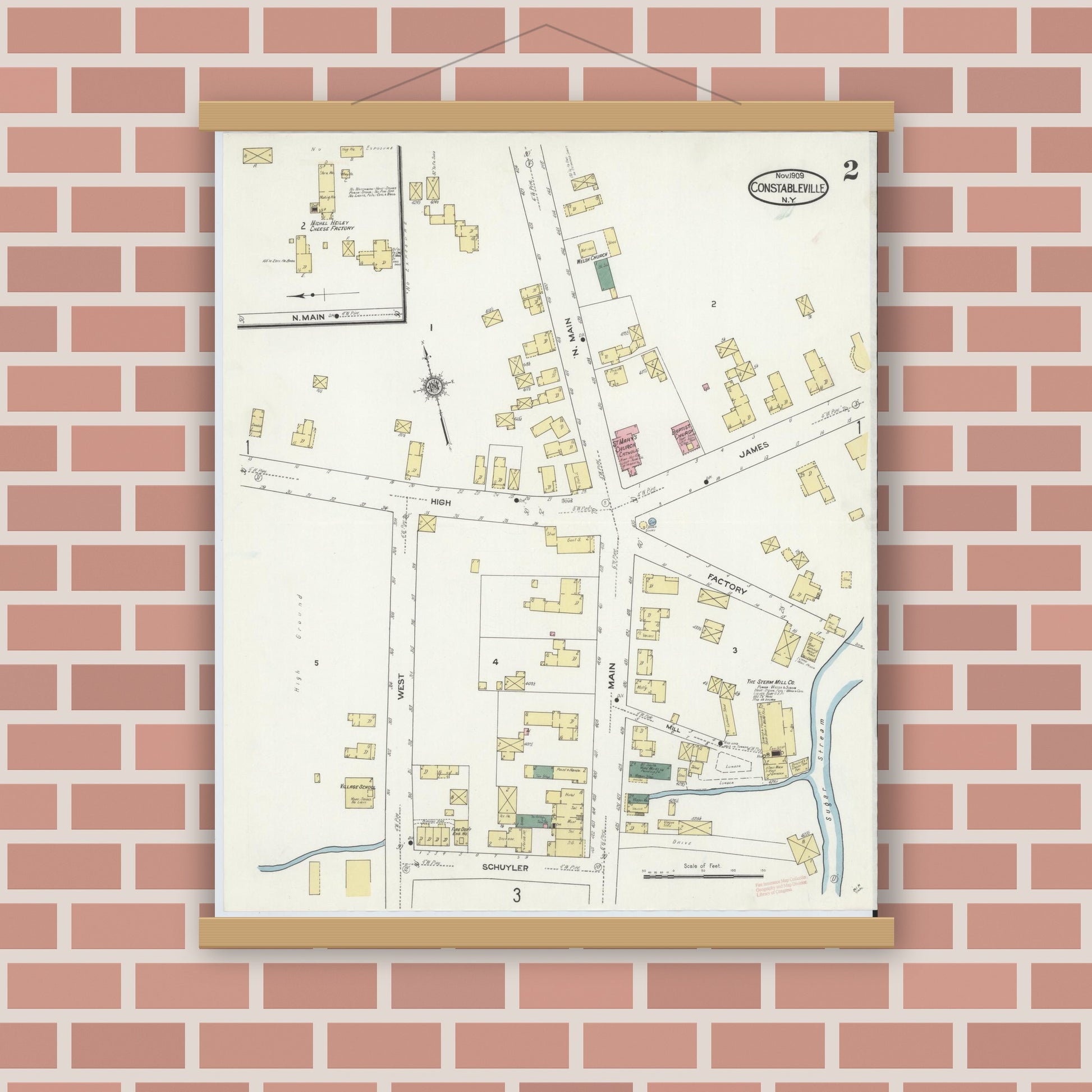 Old map wall art mockup — magnetic wood frame on brick wall — Sanborn Fire Insurance Map from Constableville, Lewis County, New York (1909), Sheet #0002
