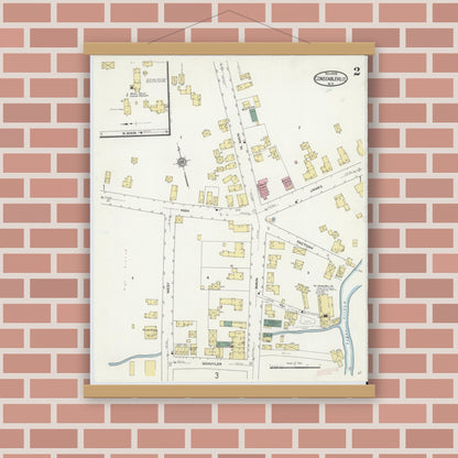 Old map wall art mockup — magnetic wood frame on brick wall — Sanborn Fire Insurance Map from Constableville, Lewis County, New York (1909), Sheet #0002