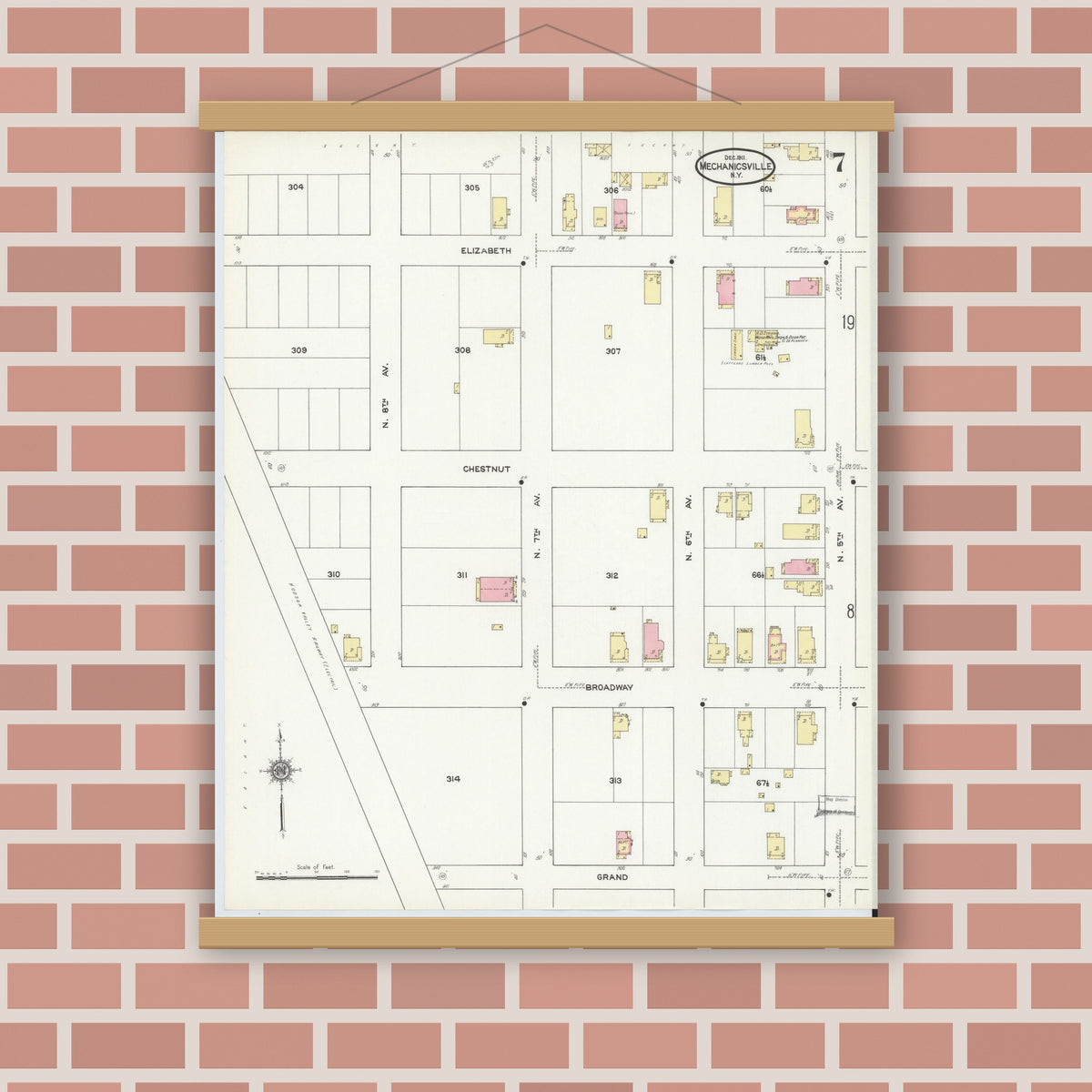 Old map wall art mockup — magnetic wood frame on brick wall — Sanborn Fire Insurance Map from Mechanicville, Saratoga County, New York (1911), Sheet #0007