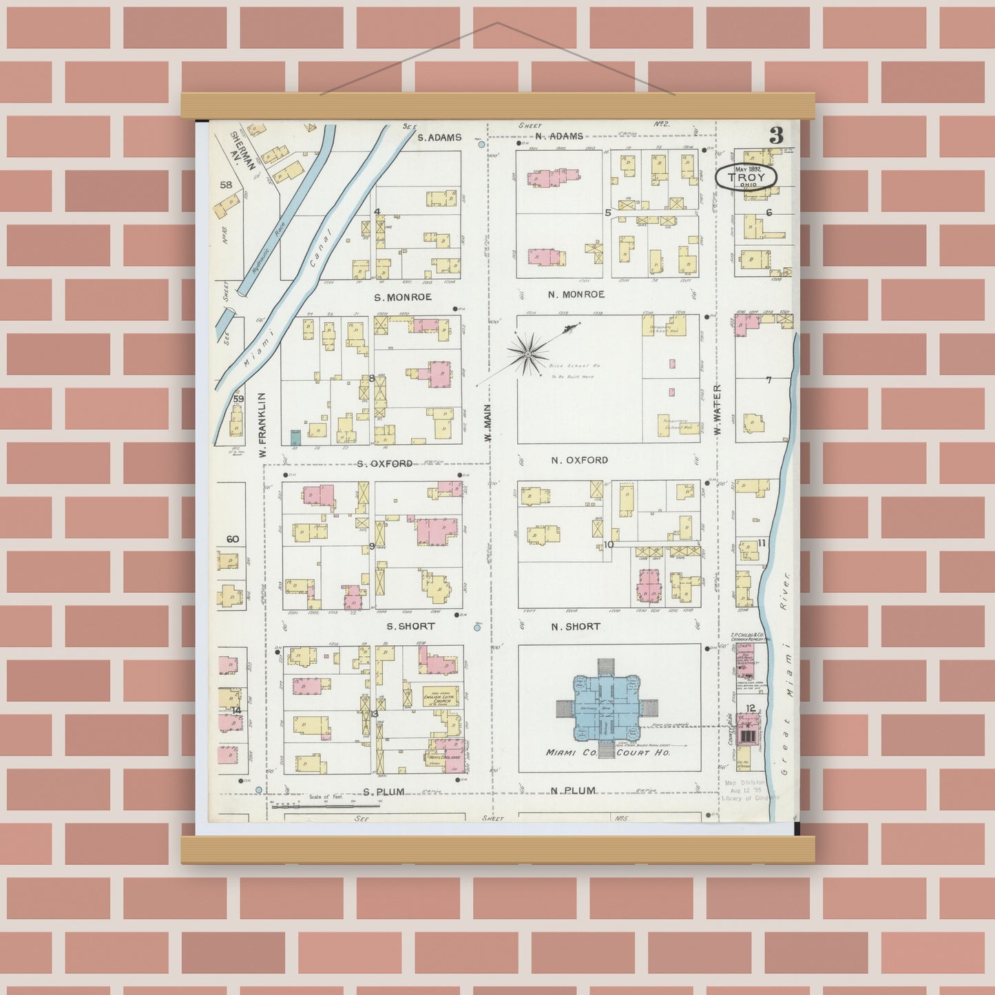 Old map wall art mockup — magnetic wood frame on brick wall — Sanborn Fire Insurance Map from Troy, Miami County, Ohio (1892), Sheet #0003