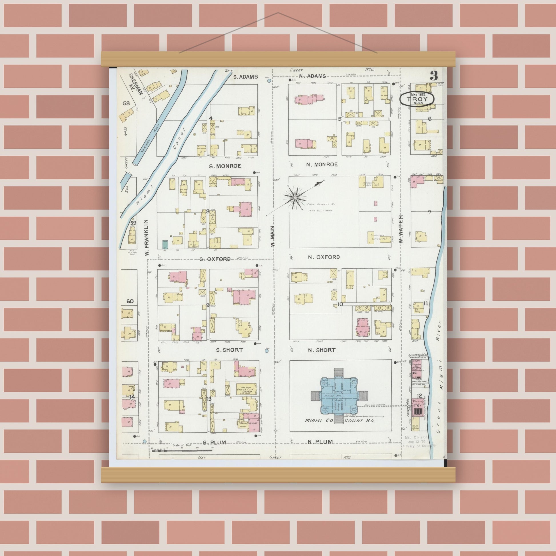 Old map wall art mockup — magnetic wood frame on brick wall — Sanborn Fire Insurance Map from Troy, Miami County, Ohio (1892), Sheet #0003