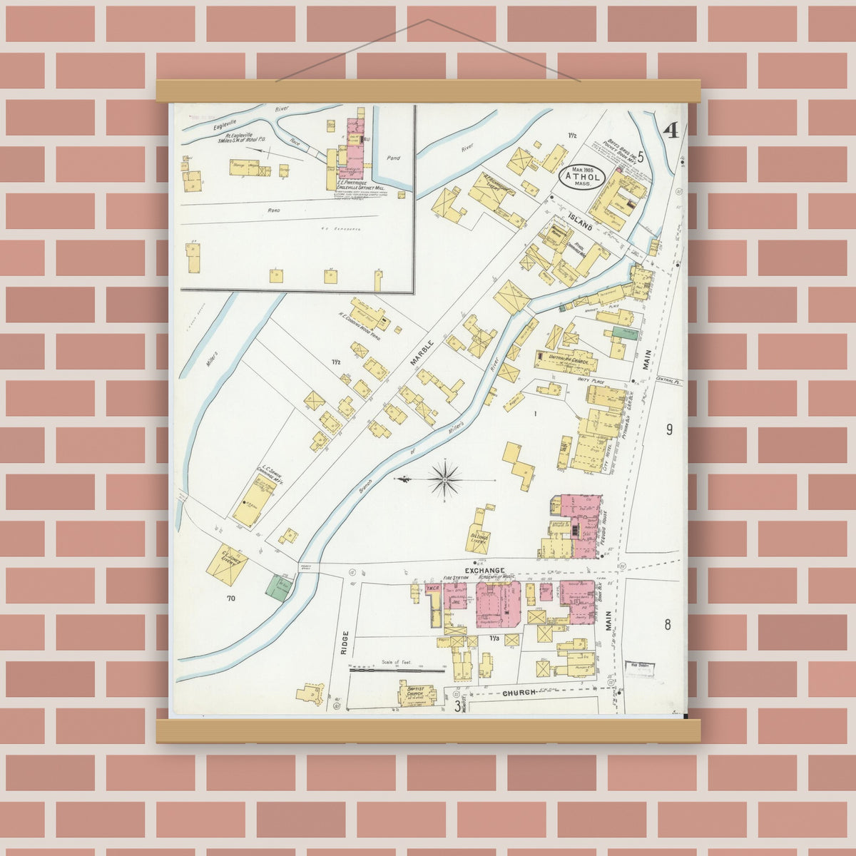 Old map wall art mockup — magnetic wood frame on brick wall — Sanborn Fire Insurance Map from Athol, Worcester County, Massachusetts (1905), Sheet #0004
