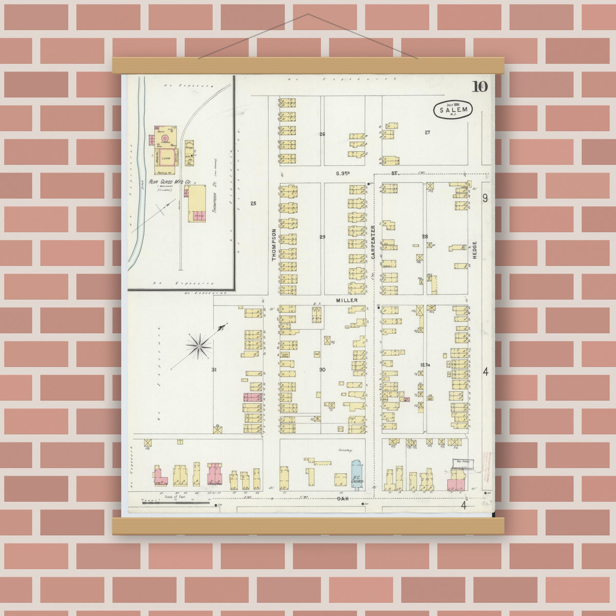 Old map wall art mockup — magnetic wood frame on brick wall — Sanborn Fire Insurance Map from Salem, Salem County, New Jersey (1896), Sheet #0010