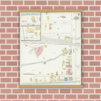 Old map wall art mockup — magnetic wood frame on brick wall — Sanborn Fire Insurance Map from Newark, Wayne County, New York (1898), Sheet #0003