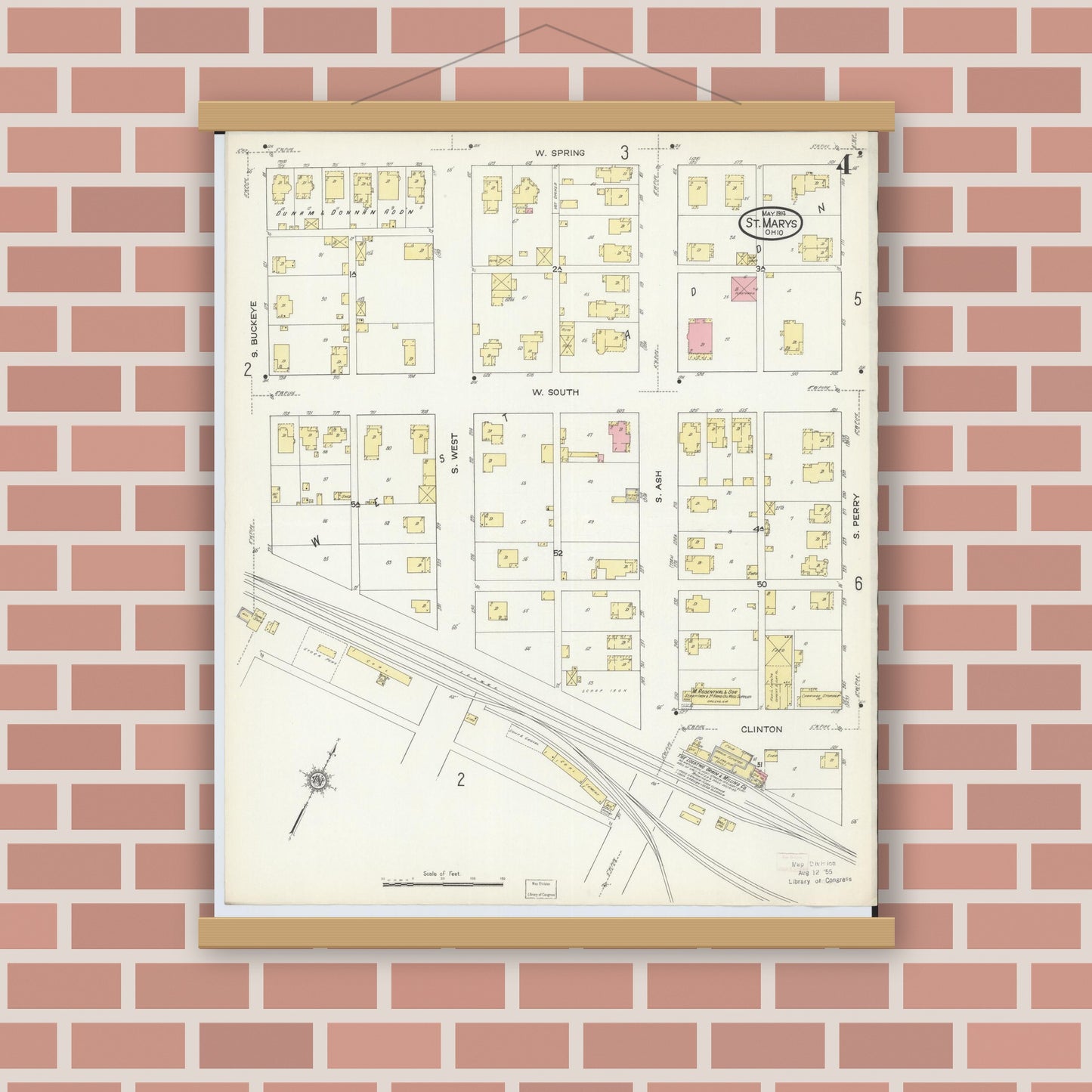Old map wall art mockup — magnetic wood frame on brick wall — Sanborn Fire Insurance Map from Saint Marys, Auglaize County, Ohio (1914), Sheet #0004