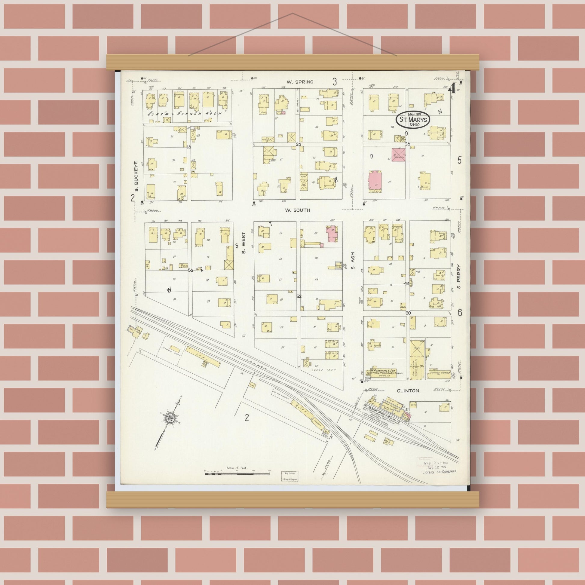 Old map wall art mockup — magnetic wood frame on brick wall — Sanborn Fire Insurance Map from Saint Marys, Auglaize County, Ohio (1914), Sheet #0004