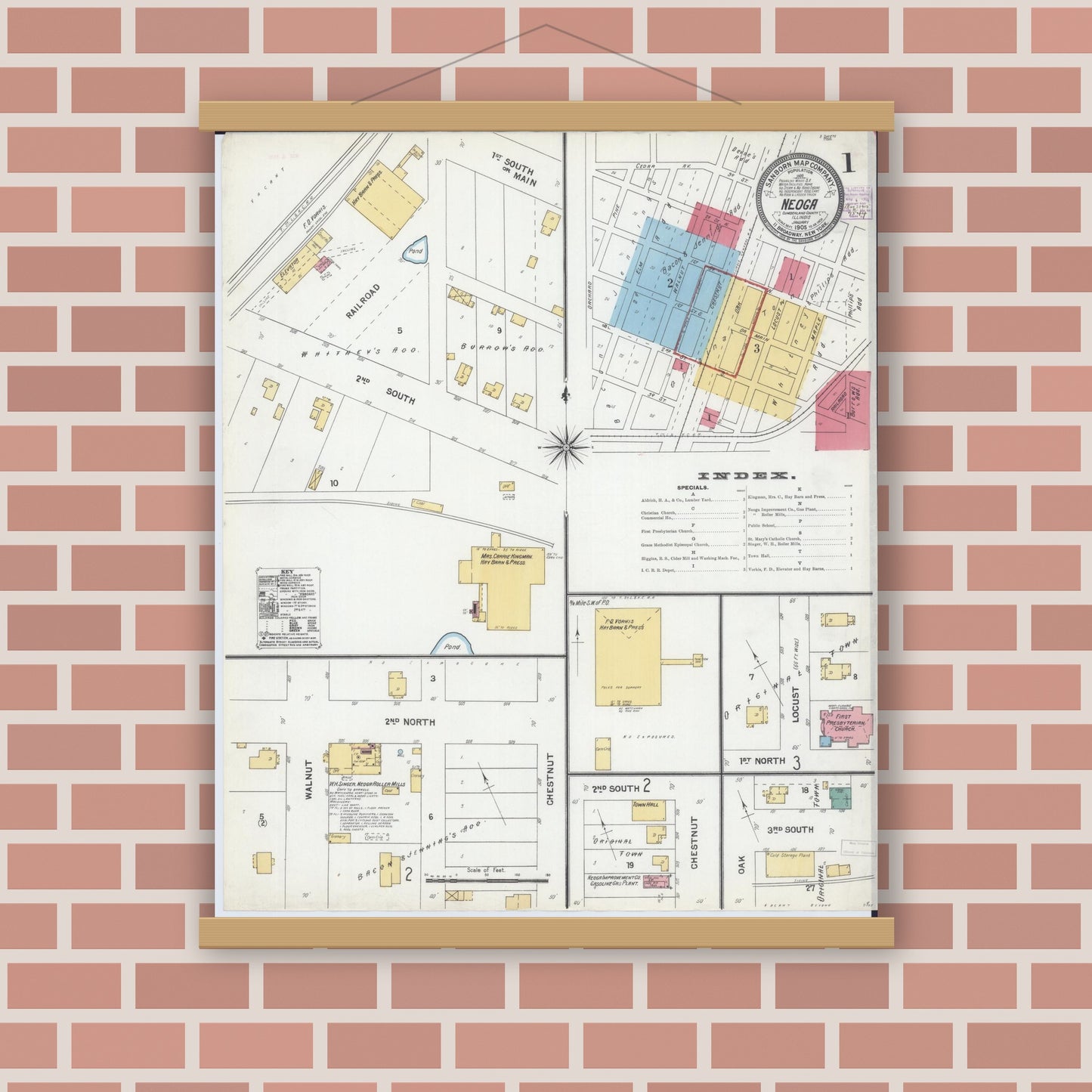 Old map wall art mockup — magnetic wood frame on brick wall — Sanborn Fire Insurance Map from Neoga, Cumberland County, Illinois (1905) - Complete Map Set
