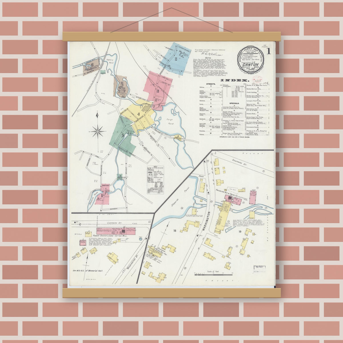 Old map wall art mockup — magnetic wood frame on brick wall — Sanborn Fire Insurance Map from Canton, Norfolk County, Massachusetts (1896) - Complete Map Set