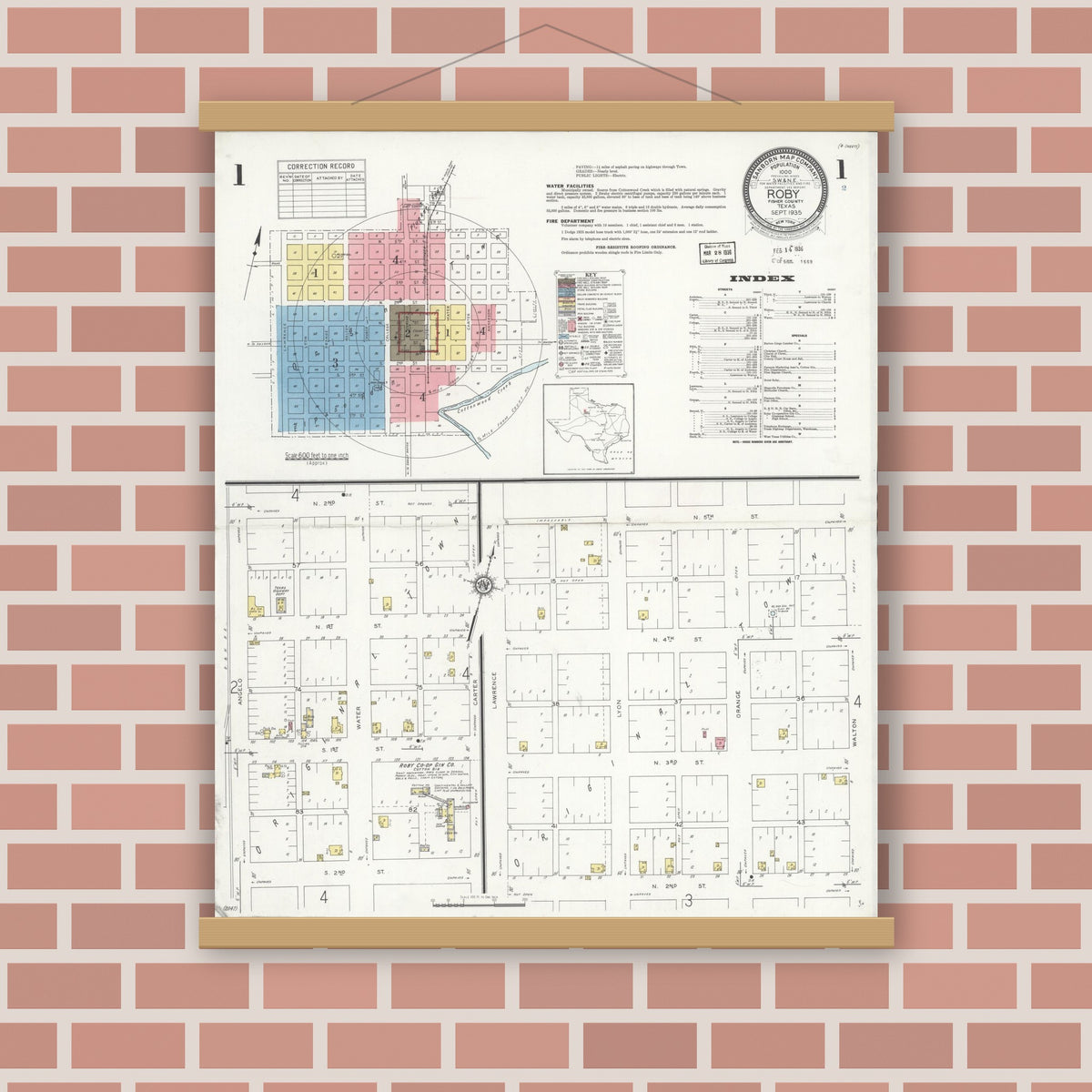 Old map wall art mockup — magnetic wood frame on brick wall — Sanborn Fire Insurance Map from Roby, Fisher County, Texas (1935) - Complete Map Set