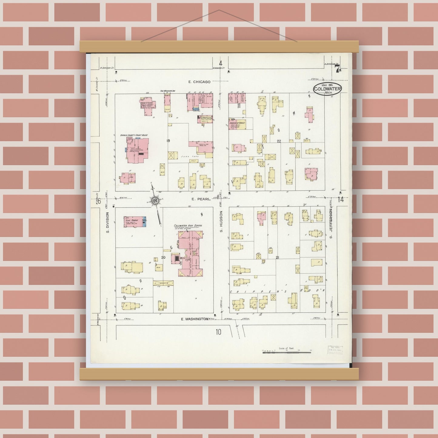 Old map wall art mockup — magnetic wood frame on brick wall — Sanborn Fire Insurance Map from Coldwater, Branch County, Michigan (1914), Sheet #0007