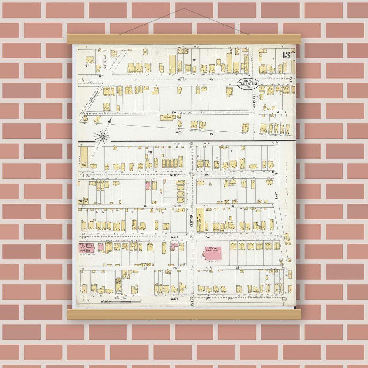 Old map wall art mockup — magnetic wood frame on brick wall — Sanborn Fire Insurance Map from Tarentum, Allegheny County, Pennsylvania (1902), Sheet #0013