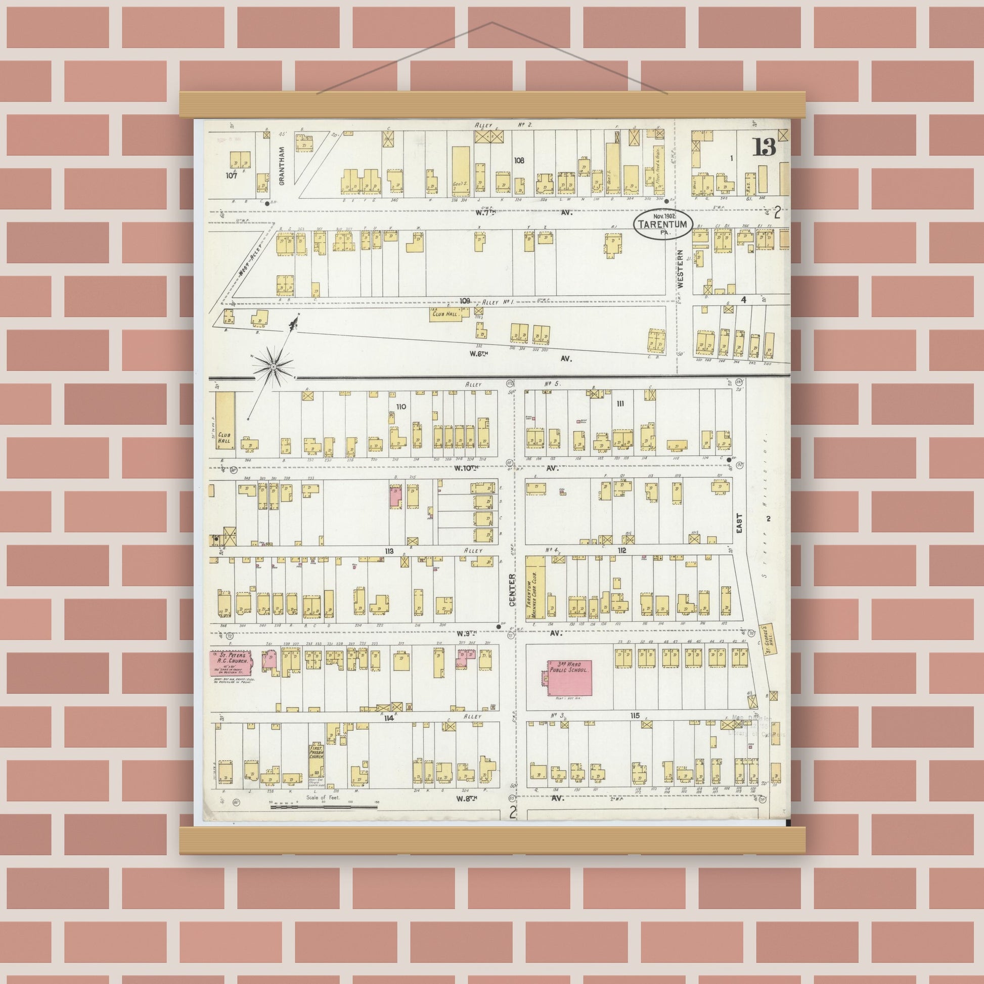 Old map wall art mockup — magnetic wood frame on brick wall — Sanborn Fire Insurance Map from Tarentum, Allegheny County, Pennsylvania (1902), Sheet #0013
