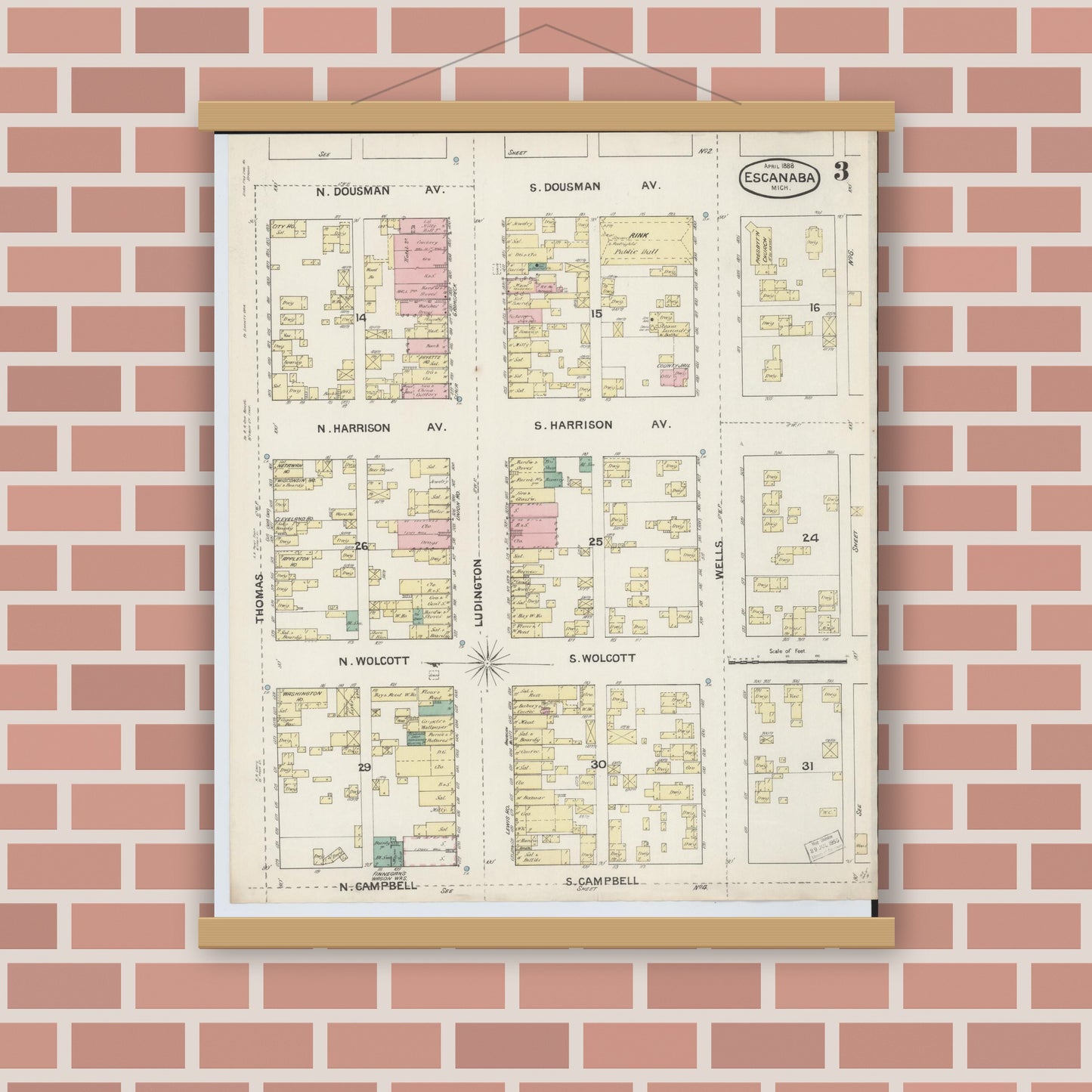 Old map wall art mockup — magnetic wood frame on brick wall — Sanborn Fire Insurance Map from Escanaba, Delta County, Michigan (1888), Sheet #0003