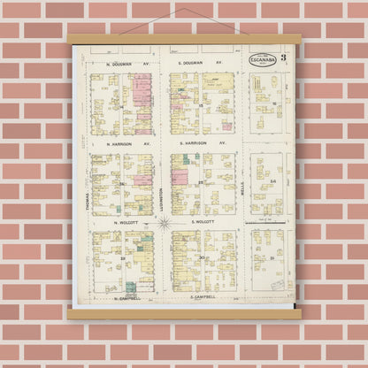 Old map wall art mockup — magnetic wood frame on brick wall — Sanborn Fire Insurance Map from Escanaba, Delta County, Michigan (1888), Sheet #0003