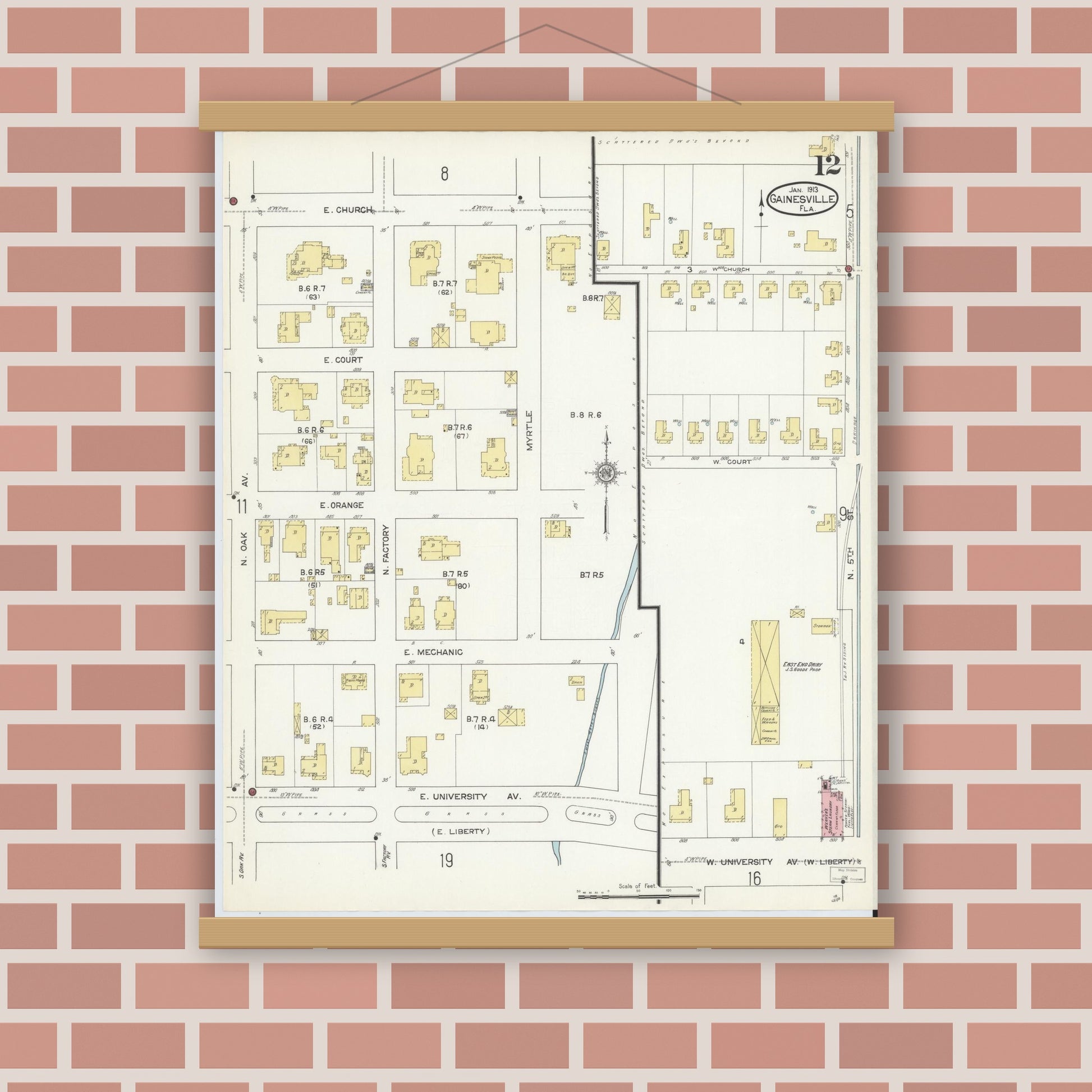 Old map wall art mockup — magnetic wood frame on brick wall — Sanborn Fire Insurance Map from Gainesville, Alachua County, Florida (1913), Sheet #0012