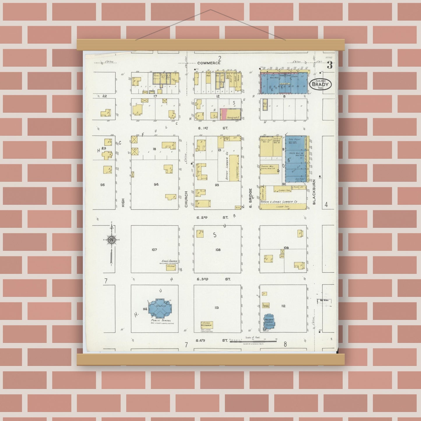 Old map wall art mockup — magnetic wood frame on brick wall — Sanborn Fire Insurance Map from Brady, McCulloch County, Texas (1921), Sheet #0003