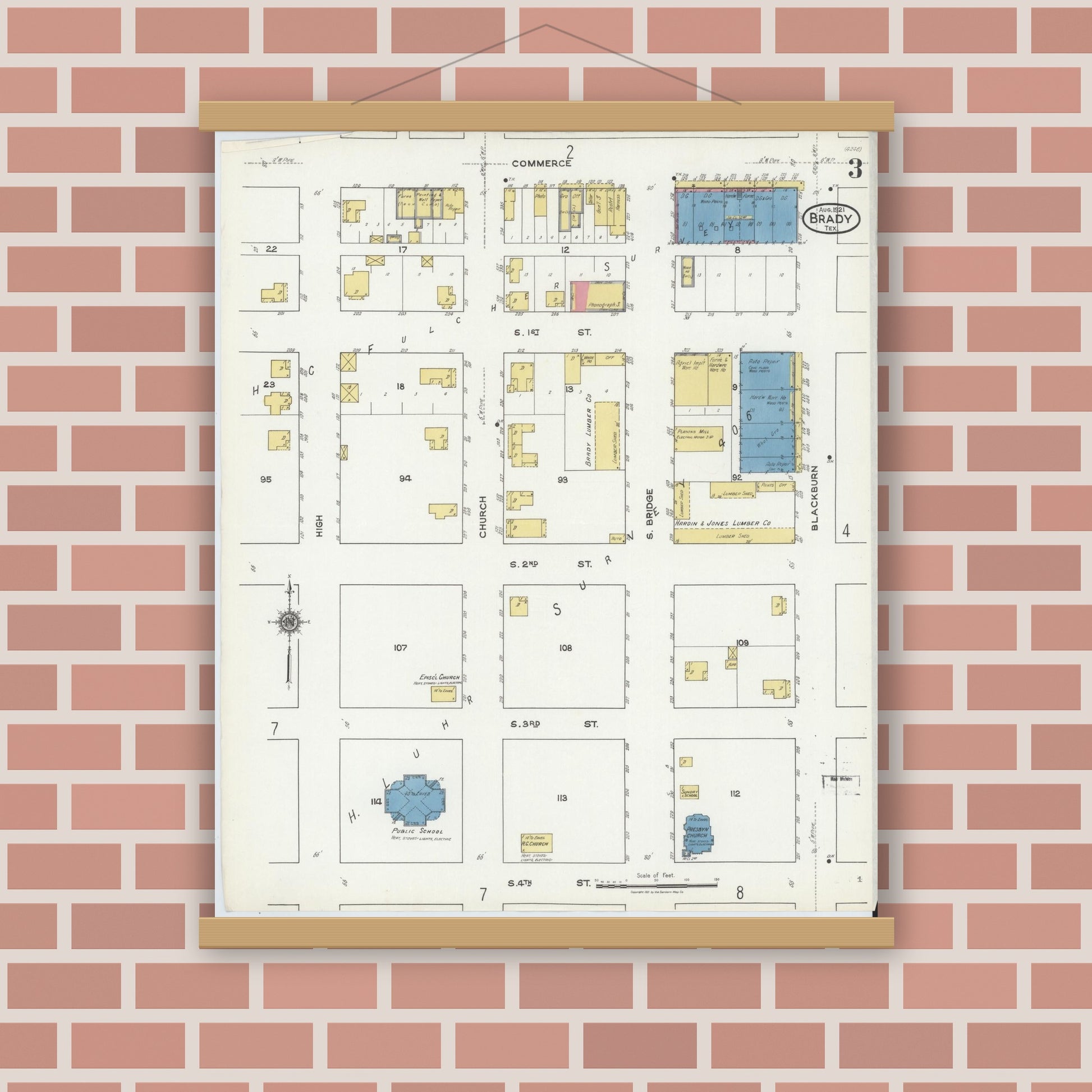 Old map wall art mockup — magnetic wood frame on brick wall — Sanborn Fire Insurance Map from Brady, McCulloch County, Texas (1921), Sheet #0003