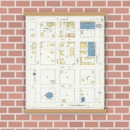 Old map wall art mockup — magnetic wood frame on brick wall — Sanborn Fire Insurance Map from Brady, McCulloch County, Texas (1921), Sheet #0003