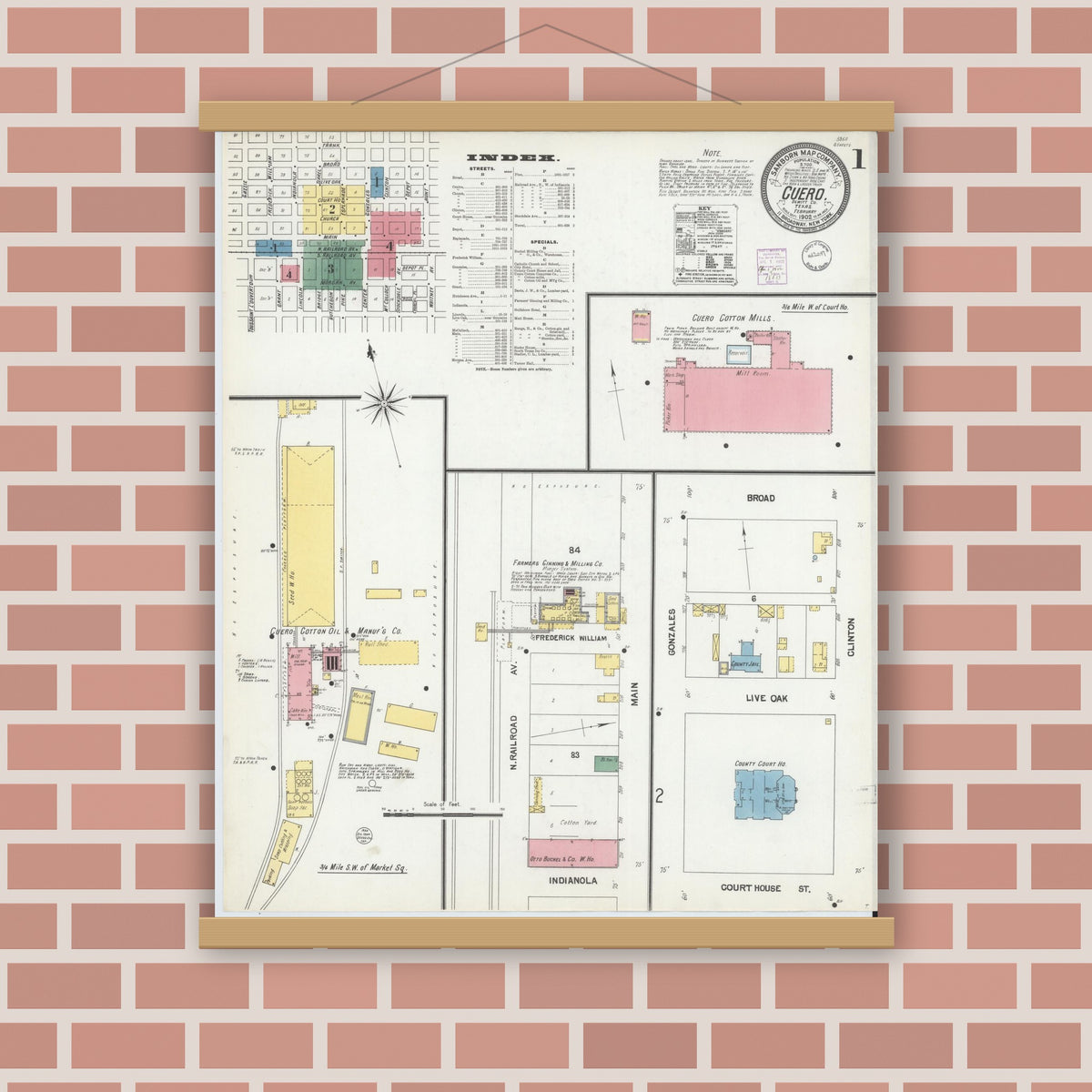 Old map wall art mockup — magnetic wood frame on brick wall — Sanborn Fire Insurance Map from Cuero, De Witt County, Texas (1902) - Complete Map Set