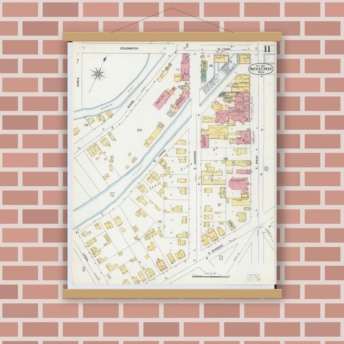 Old map wall art mockup — magnetic wood frame on brick wall — Sanborn Fire Insurance Map from Battle Creek, Calhoun County, Michigan (1899), Sheet #0011