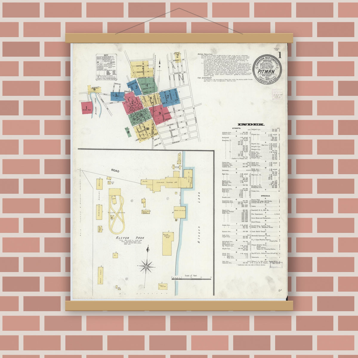 Old map wall art mockup — magnetic wood frame on brick wall — Sanborn Fire Insurance Map from Pitman, Gloucester County, New Jersey (1908) - Complete Map Set