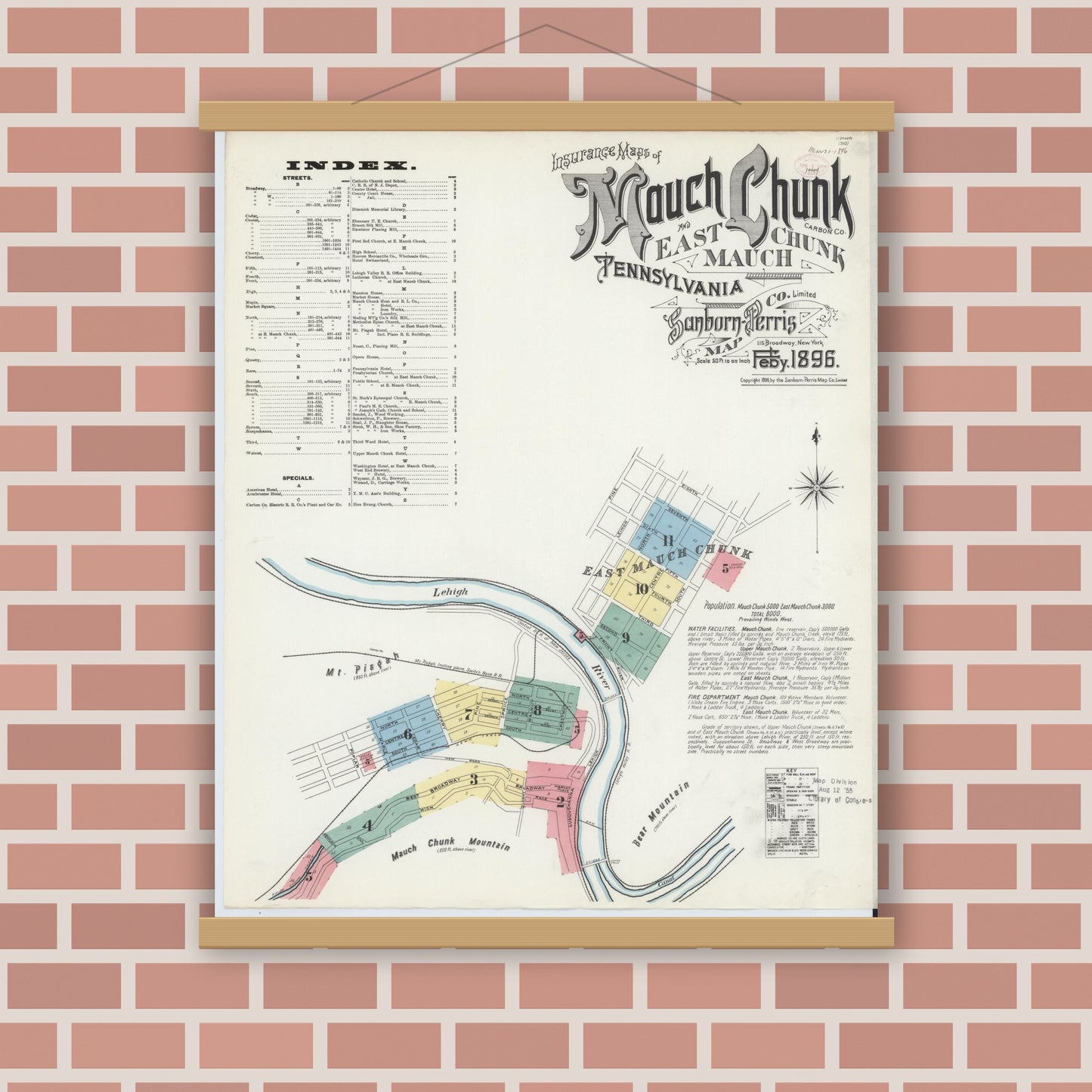 Old map wall art mockup — magnetic wood frame on brick wall — Sanborn Fire Insurance Map from Mauch Chunk, Carbon County, Pennsylvania (1896) - Complete Map Set