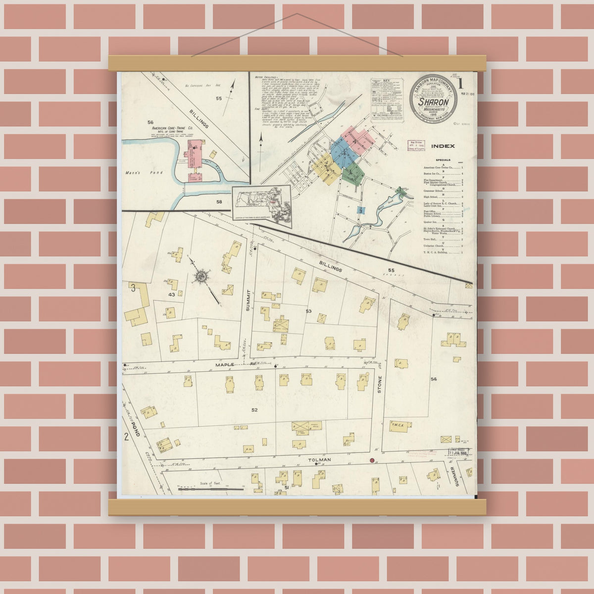Old map wall art mockup — magnetic wood frame on brick wall — Sanborn Fire Insurance Map from Sharon, Norfolk County, Massachusetts (1916) - Complete Map Set