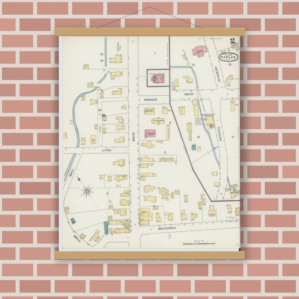 Old map wall art mockup — magnetic wood frame on brick wall — Sanborn Fire Insurance Map from Naples, Ontario County, New York (1893), Sheet #0002