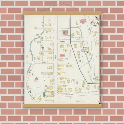 Old map wall art mockup — magnetic wood frame on brick wall — Sanborn Fire Insurance Map from Naples, Ontario County, New York (1893), Sheet #0002