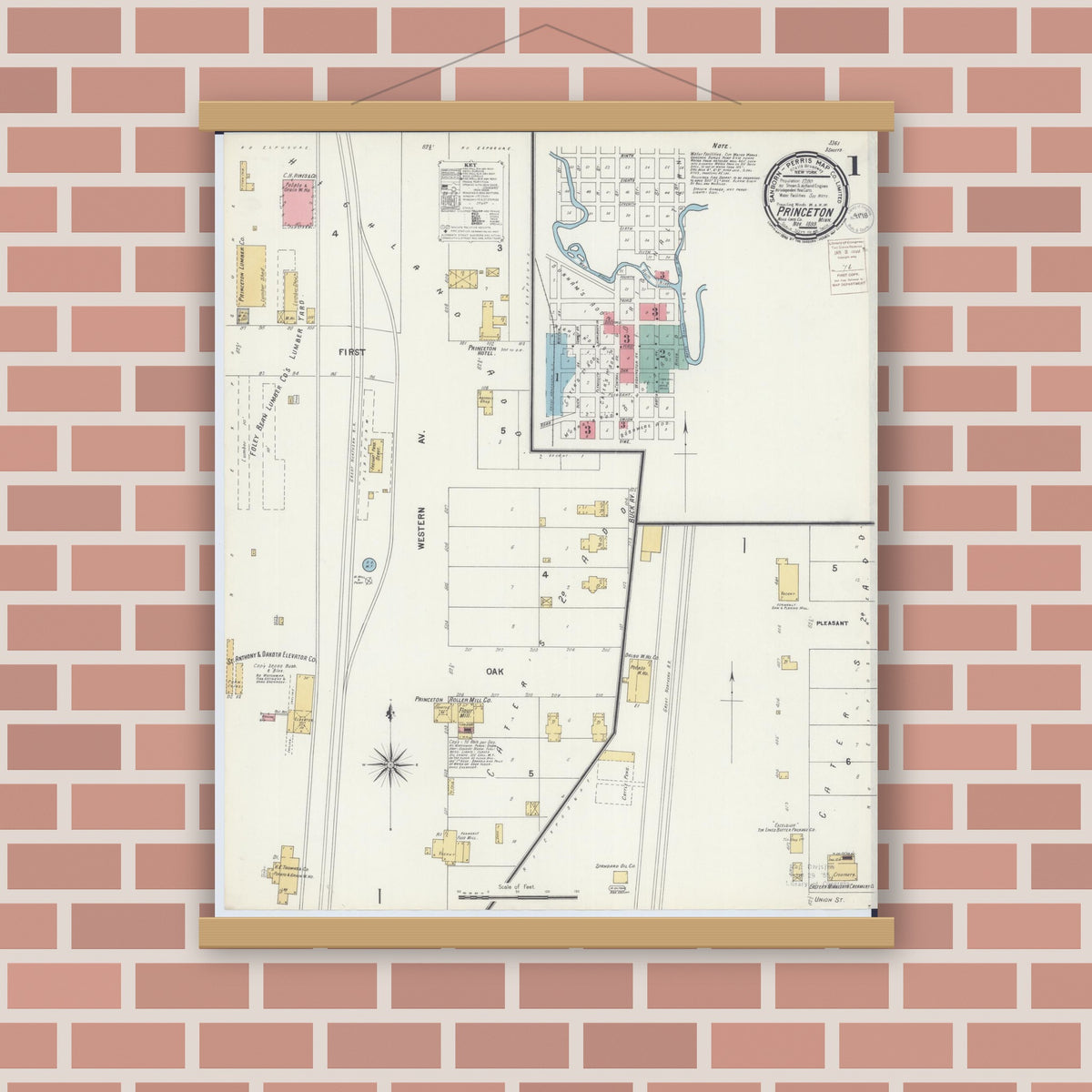 Old map wall art mockup — magnetic wood frame on brick wall — Sanborn Fire Insurance Map from Princeton, Mille Lacs County, Minnesota (1899), Sheet #0001