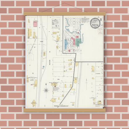 Old map wall art mockup — magnetic wood frame on brick wall — Sanborn Fire Insurance Map from Princeton, Mille Lacs County, Minnesota (1899), Sheet #0001