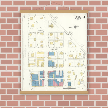 Old map wall art mockup — magnetic wood frame on brick wall — Sanborn Fire Insurance Map from Hico, Hamilton County, Texas (1923), Sheet #0004