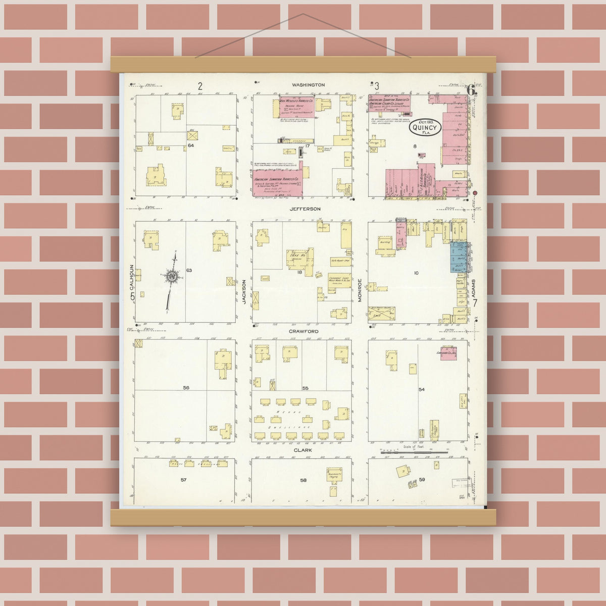 Old map wall art mockup — magnetic wood frame on brick wall — Sanborn Fire Insurance Map from Quincy, Gadsden County, Florida (1913), Sheet #0006